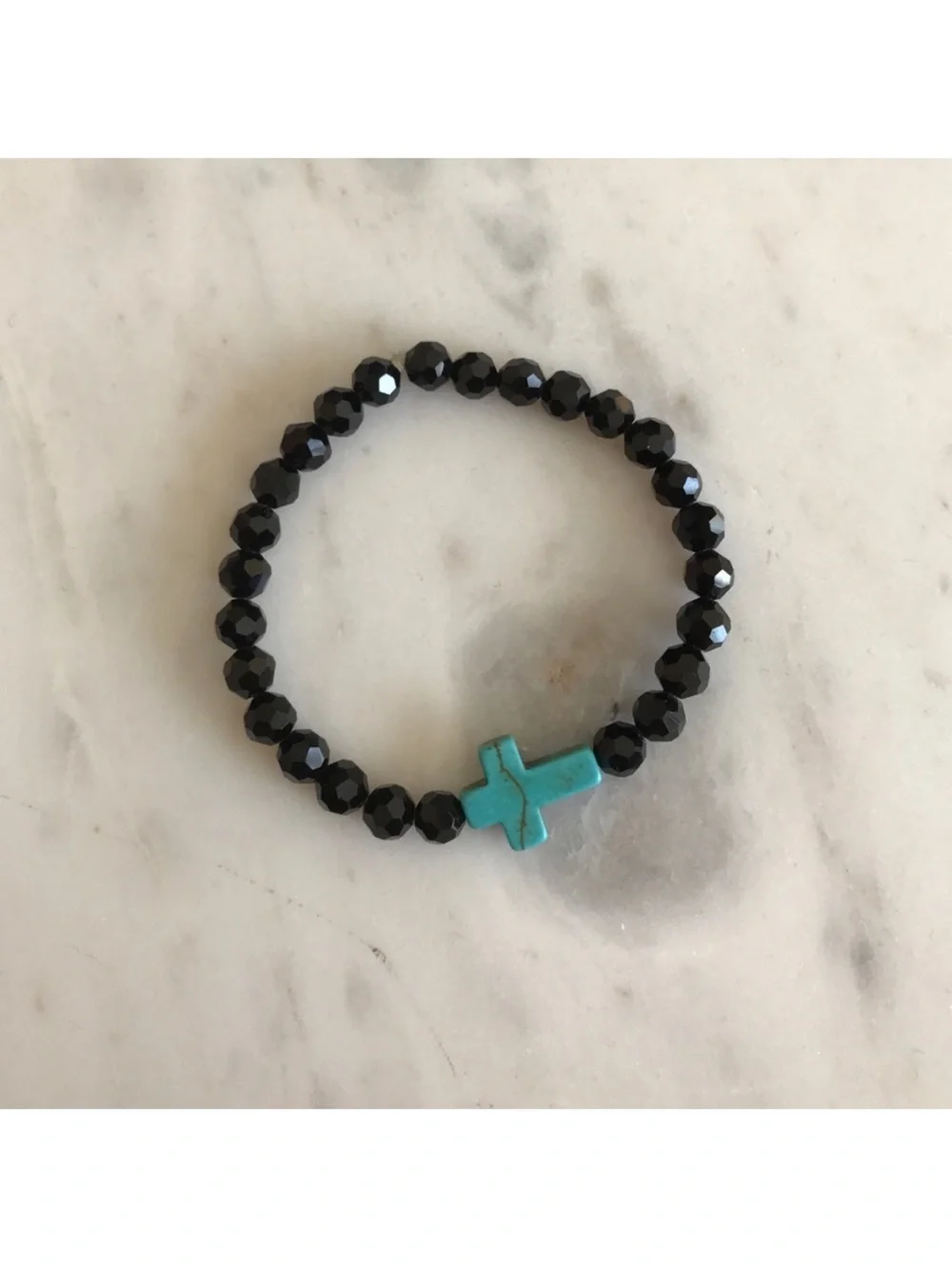 Black Beaded Stretch Bracelet with Turquoise Cross Accent